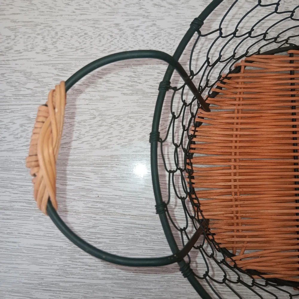 Oval Woven Wicker & Metal Wire Mesh Basket with Side Handles
